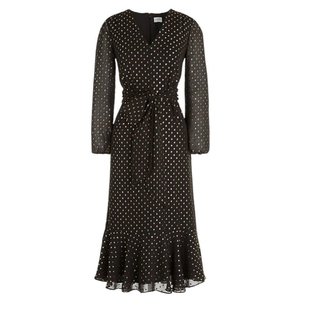 J.Crew Big Bow Midi Dress Black Gold Clip Dot Size 6 Party Holiday Tie Waist